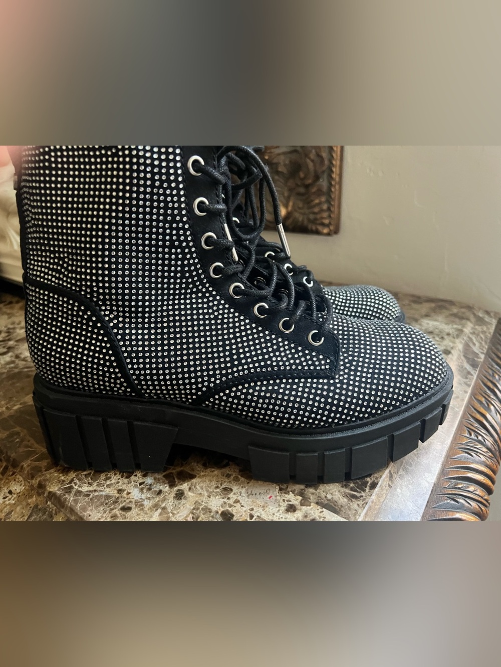 Black Studded Lace-Up Combat Boots for Women - Chunky Lug Sole